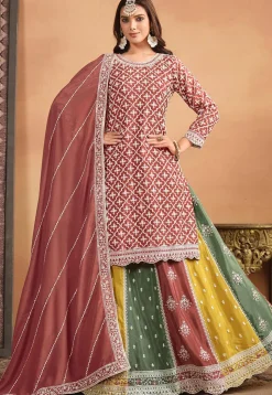 Embroidered Chinon Silk Lehenga in Old Rose