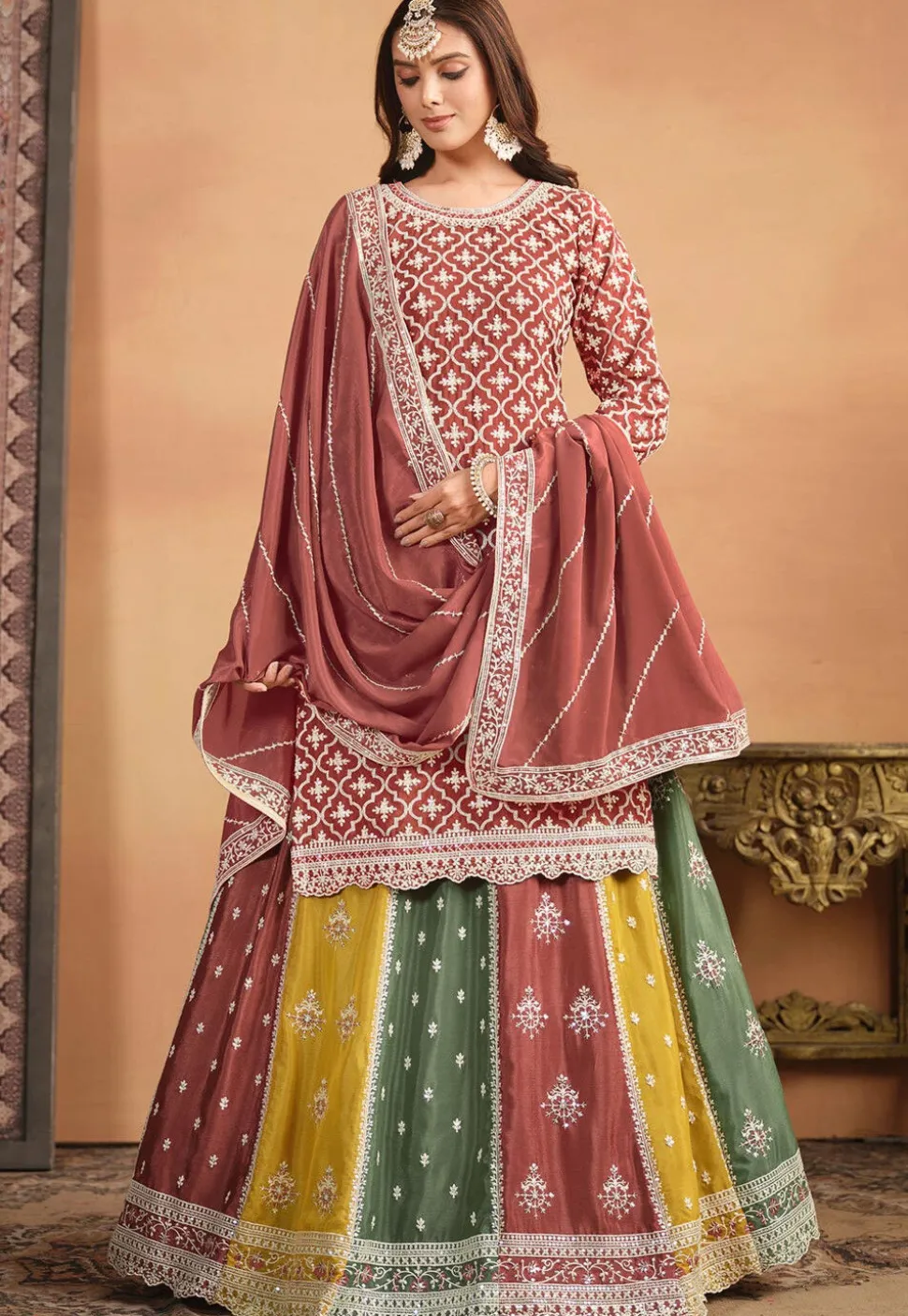 Embroidered Chinon Silk Lehenga in Old Rose