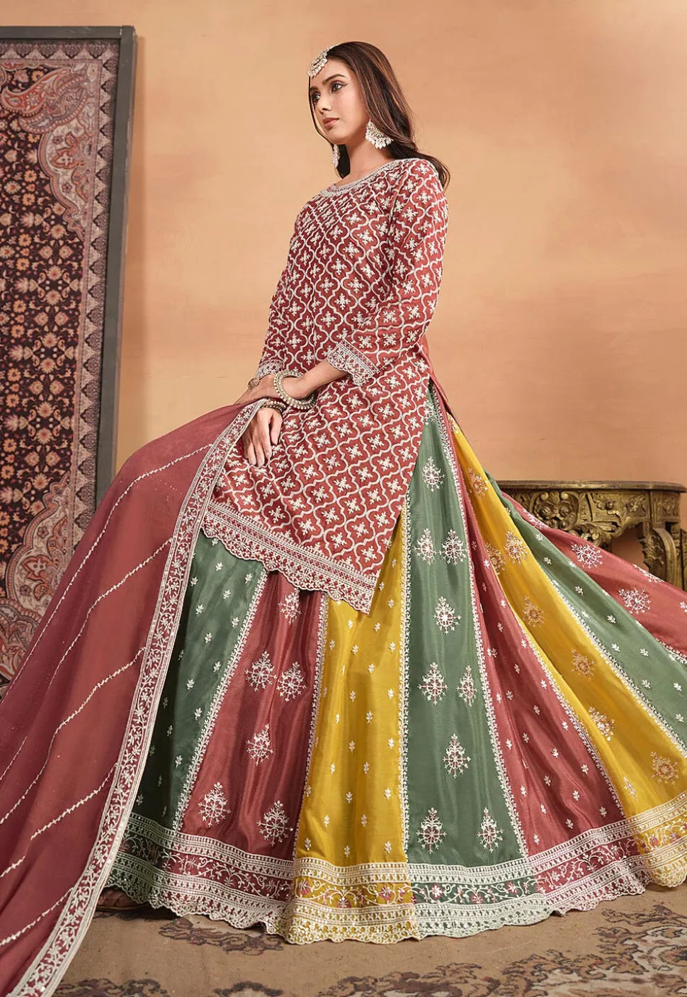 Embroidered Chinon Silk Lehenga in Old Rose