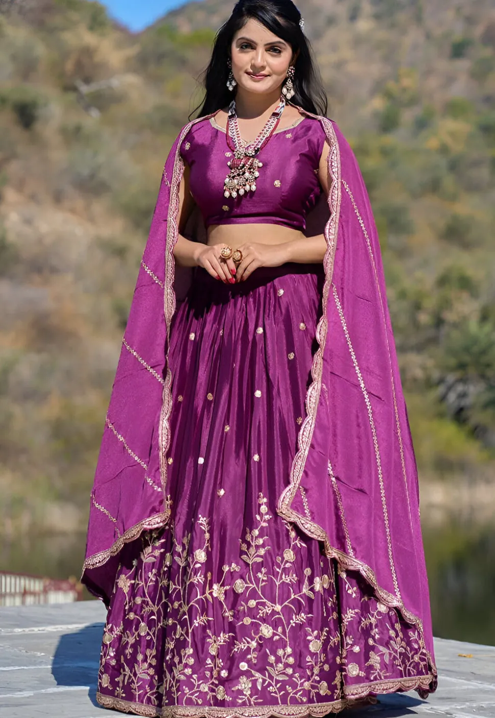 Embroidered Chinon Silk Lehenga in Purple