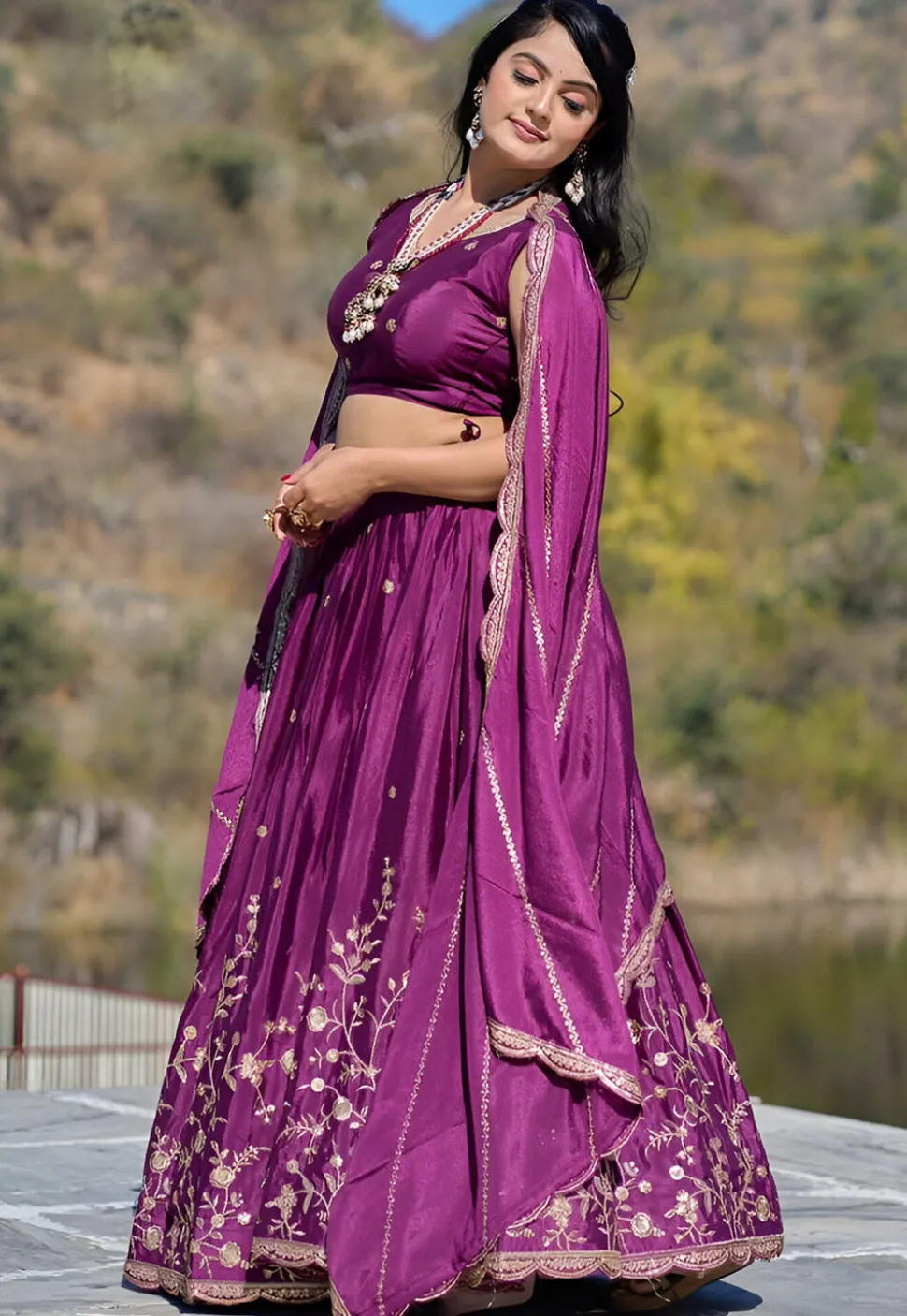 Embroidered Chinon Silk Lehenga in Purple