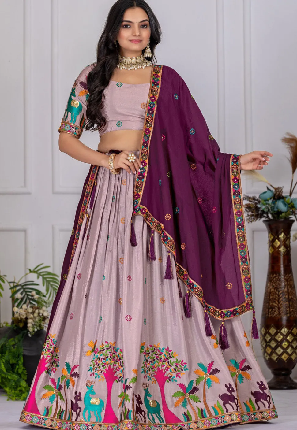 Embroidered Chinon Silk Lehenga in Light Purple