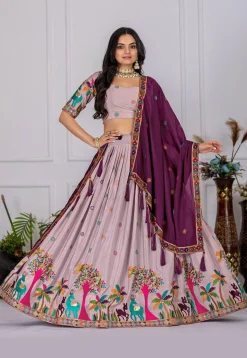 Embroidered Chinon Silk Lehenga in Light Purple