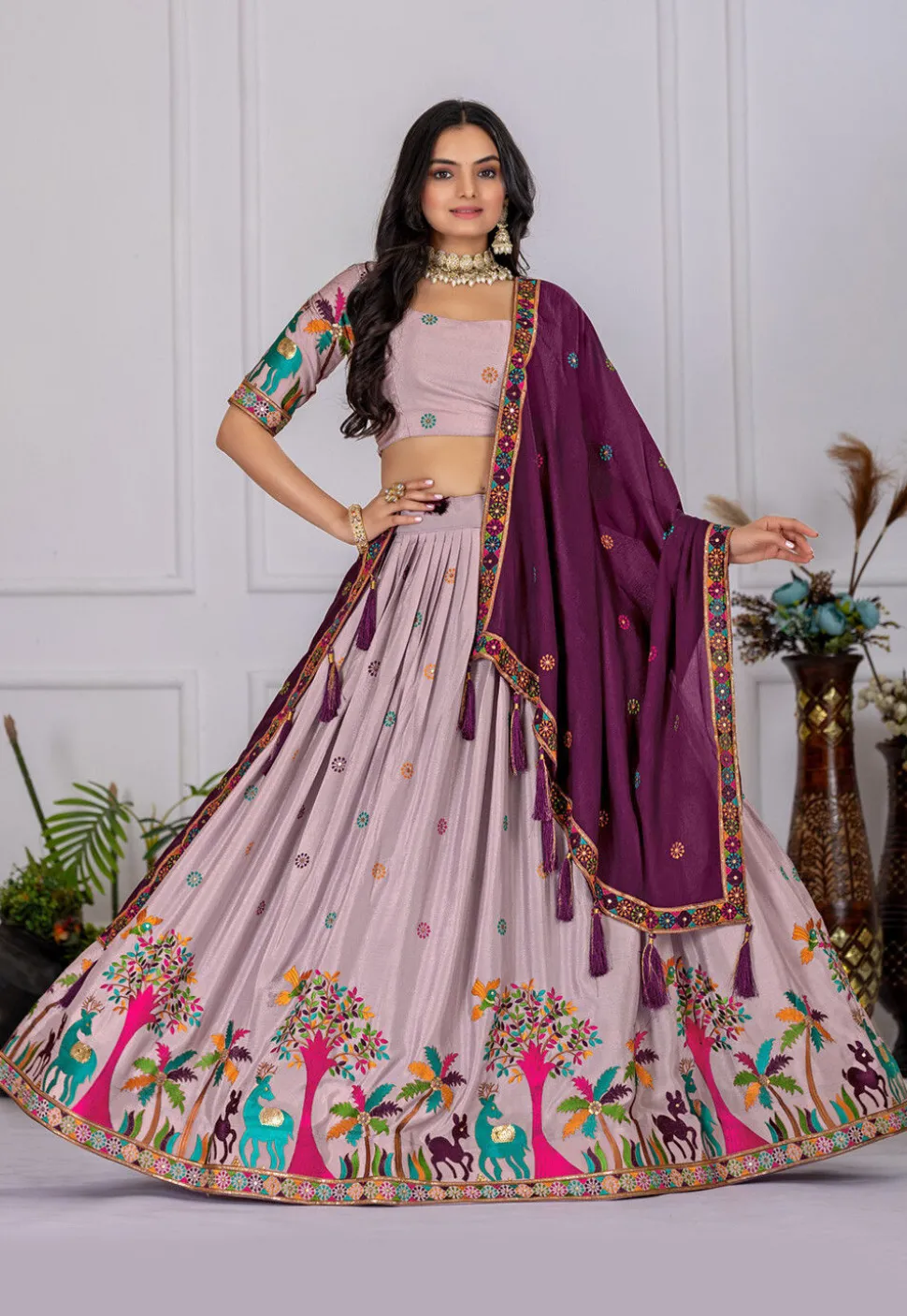 Embroidered Chinon Silk Lehenga in Light Purple