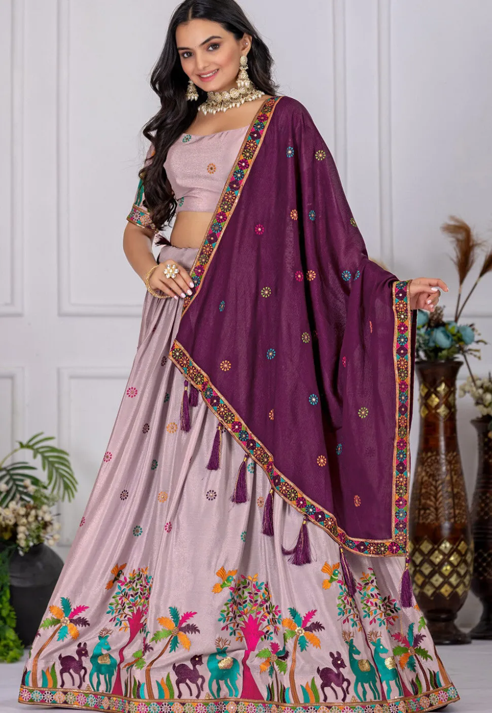 Embroidered Chinon Silk Lehenga in Light Purple