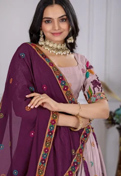 Embroidered Chinon Silk Lehenga in Light Purple