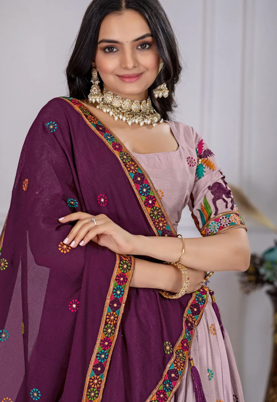 Embroidered Chinon Silk Lehenga in Light Purple