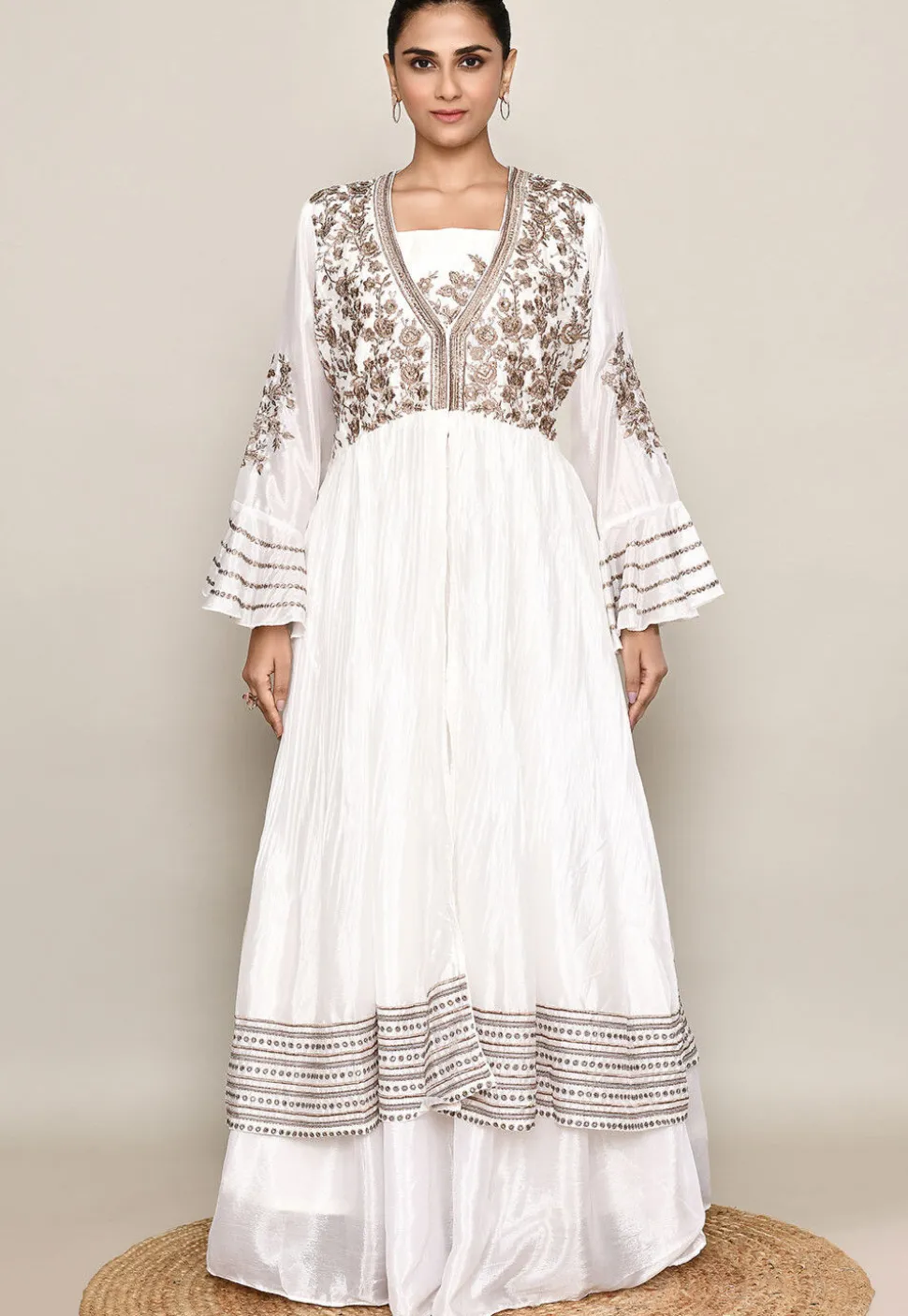 Embroidered Chinon Silk Lehenga in Off White