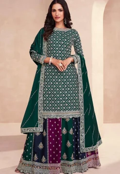 Embroidered Chinon Silk Lehenga in Dark Green
