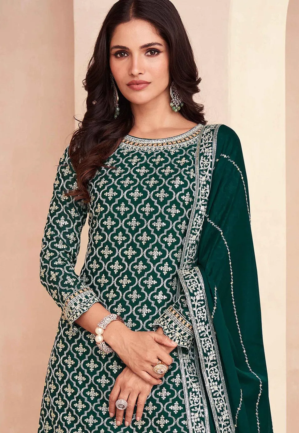 Embroidered Chinon Silk Lehenga in Dark Green