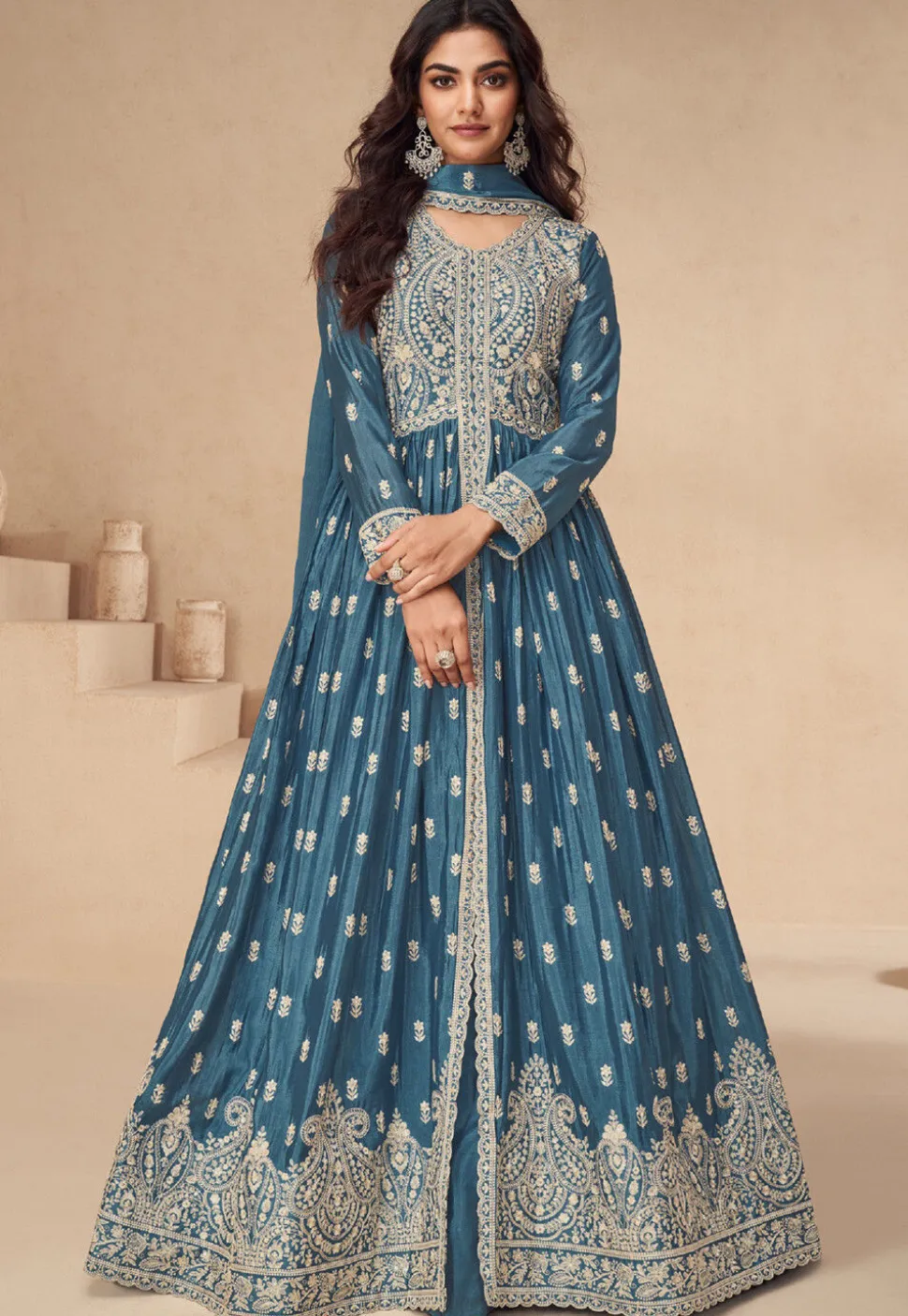 Embroidered Chinon Silk Lehenga in Blue
