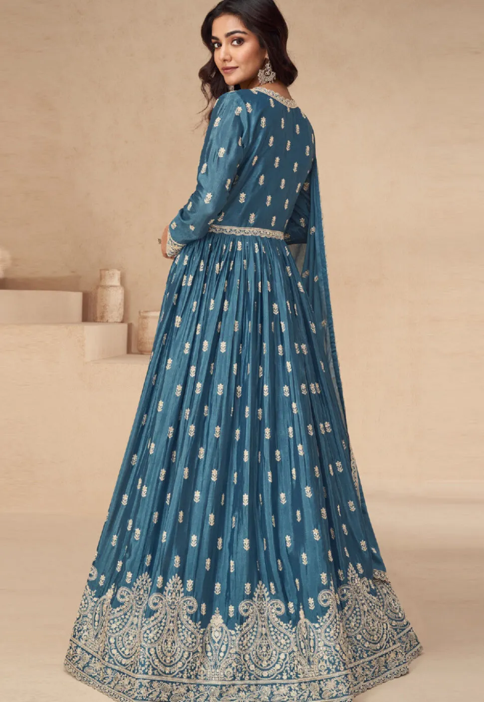 Embroidered Chinon Silk Lehenga in Blue