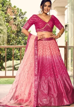 Embroidered Chinon Silk Lehenga in Peach and Pink