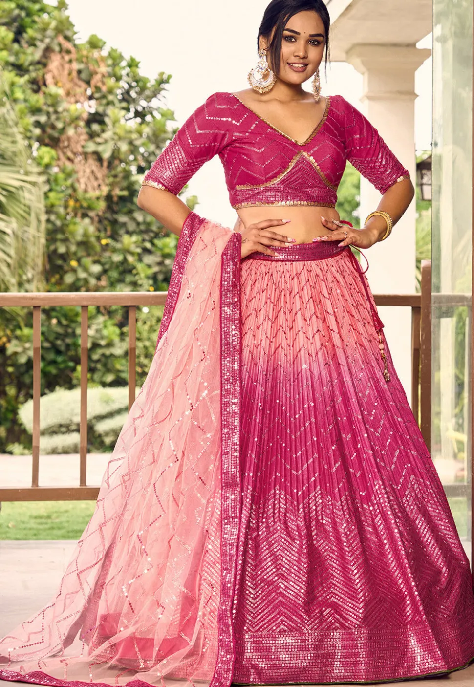 Embroidered Chinon Silk Lehenga in Peach and Pink