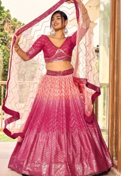 Embroidered Chinon Silk Lehenga in Peach and Pink