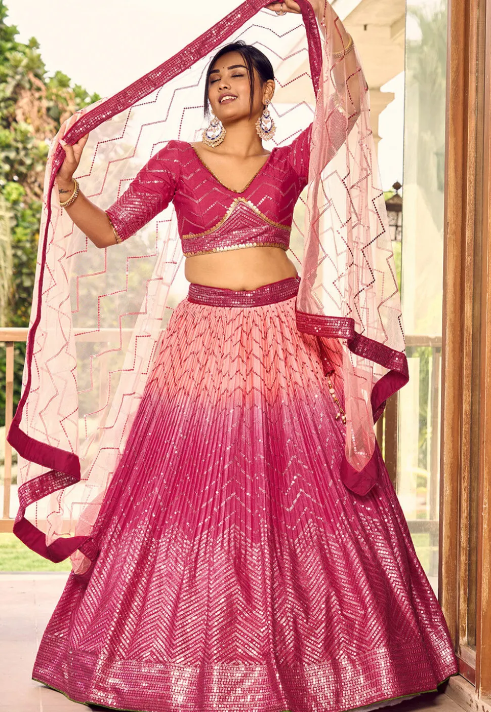 Embroidered Chinon Silk Lehenga in Peach and Pink