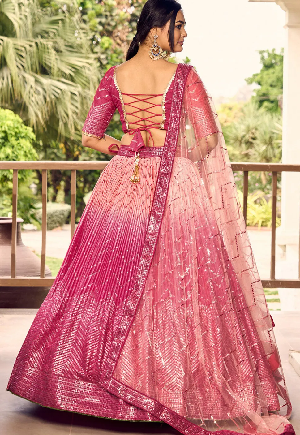 Embroidered Chinon Silk Lehenga in Peach and Pink