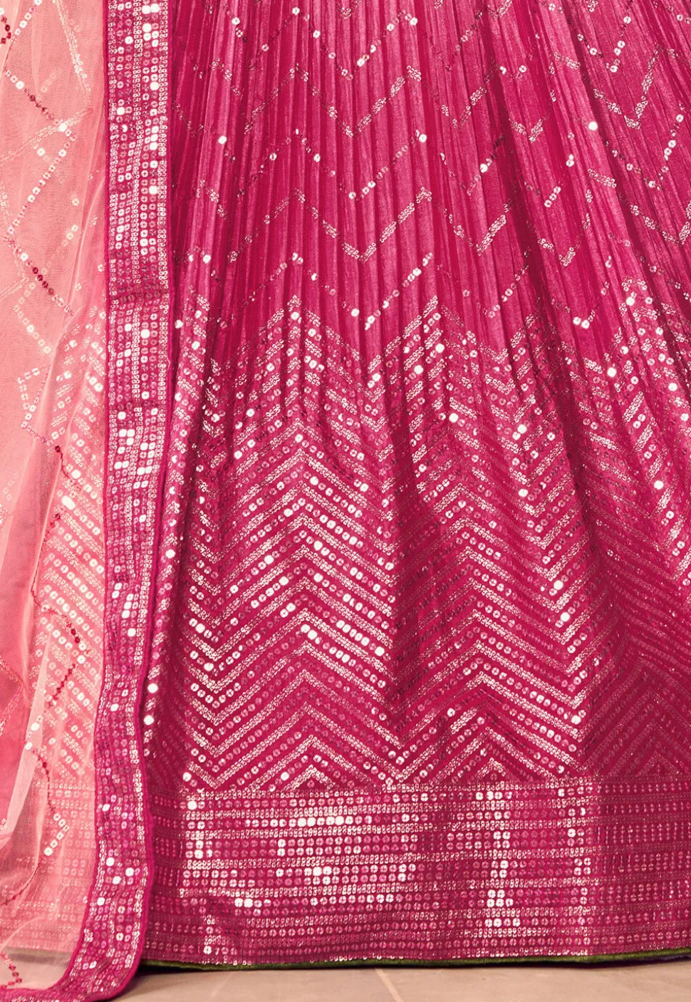 Embroidered Chinon Silk Lehenga in Peach and Pink
