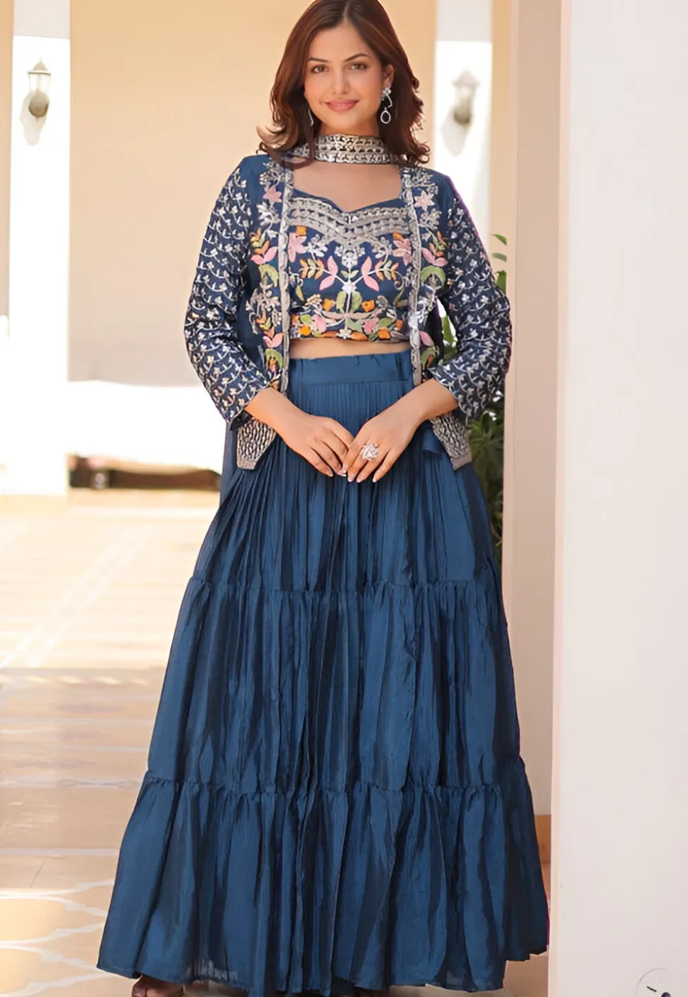 Embroidered Chinon Silk Lehenga in Teal Blue