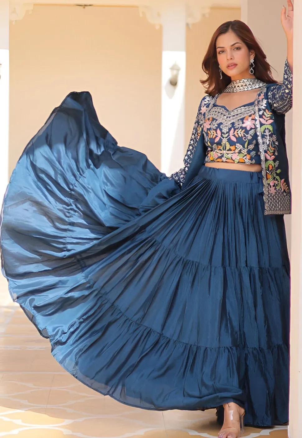 Embroidered Chinon Silk Lehenga in Teal Blue