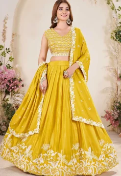 Embroidered Chinon Silk Lehenga in Mustard