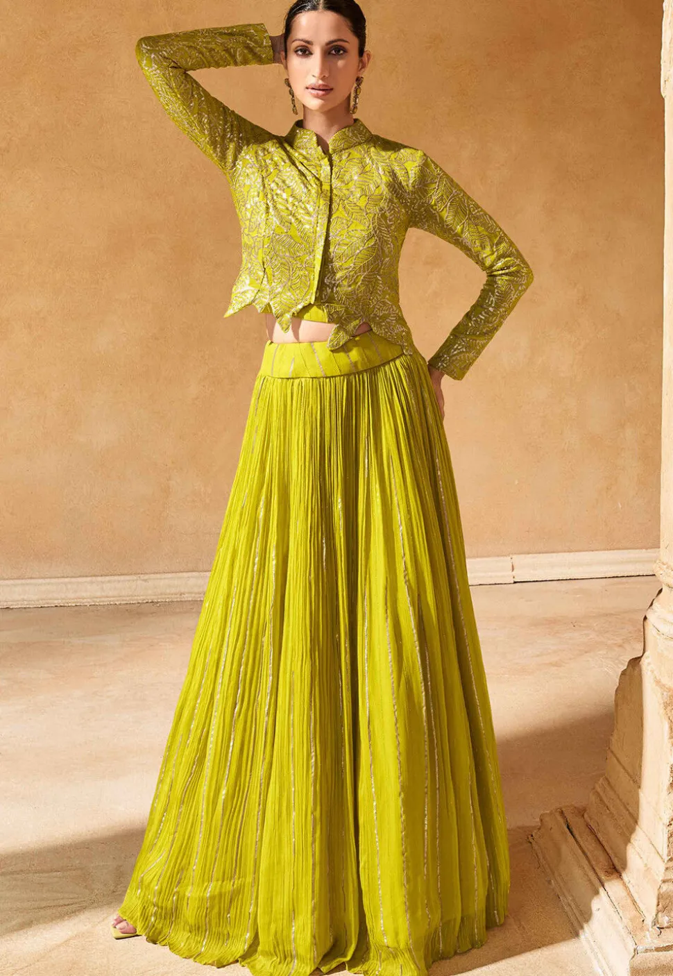 Embroidered Chinon Silk Lehenga in Light Green