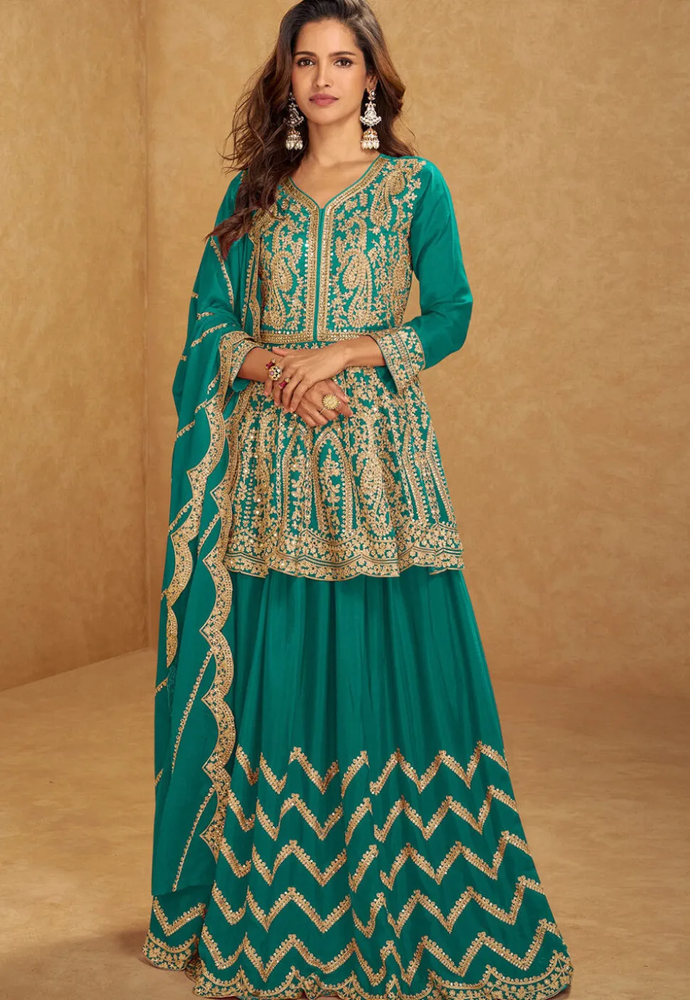 Embroidered Chinon Silk Lehenga in Teal Blue