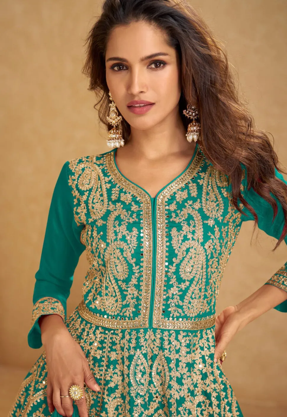 Embroidered Chinon Silk Lehenga in Teal Blue