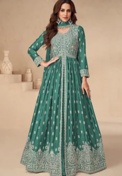 Embroidered Chinon Silk Lehenga in Teal Green