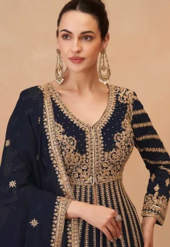 Embroidered Chinon Silk Lehenga in Navy Blue