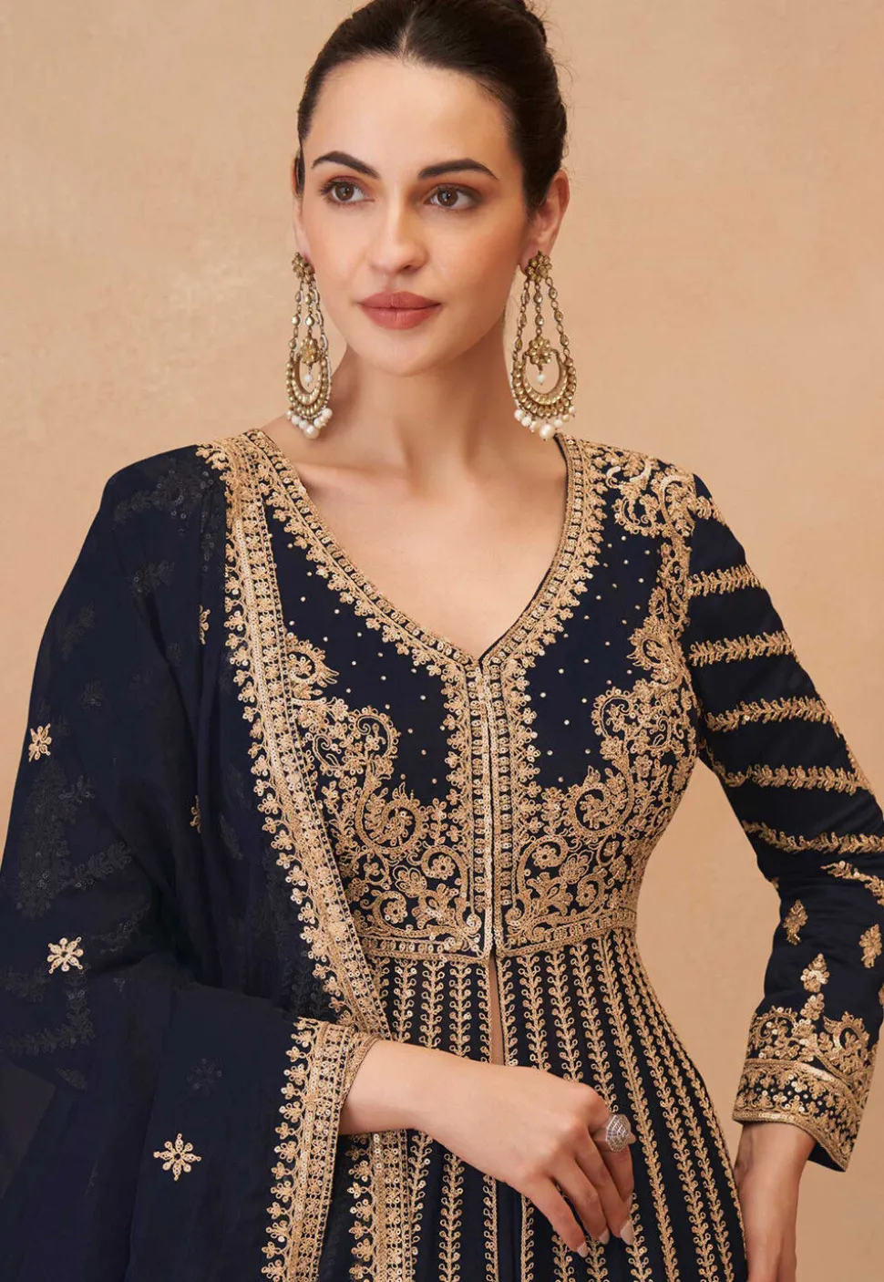 Embroidered Chinon Silk Lehenga in Navy Blue