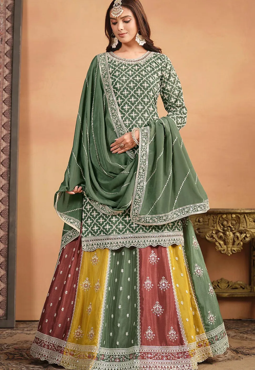Embroidered Chinon Silk Lehenga in Dusty Green