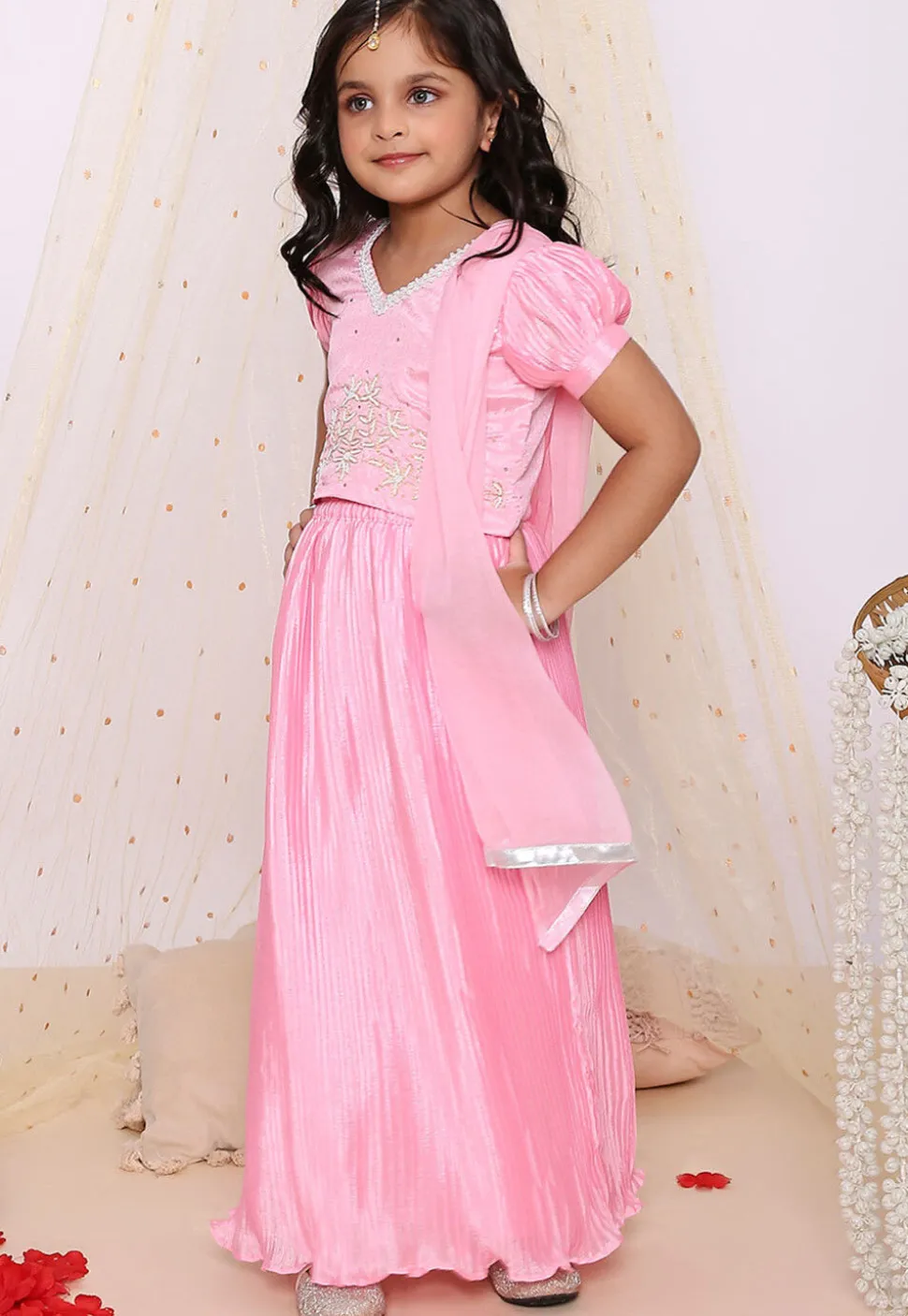 Embroidered Chinon Silk Lehenga in Pink