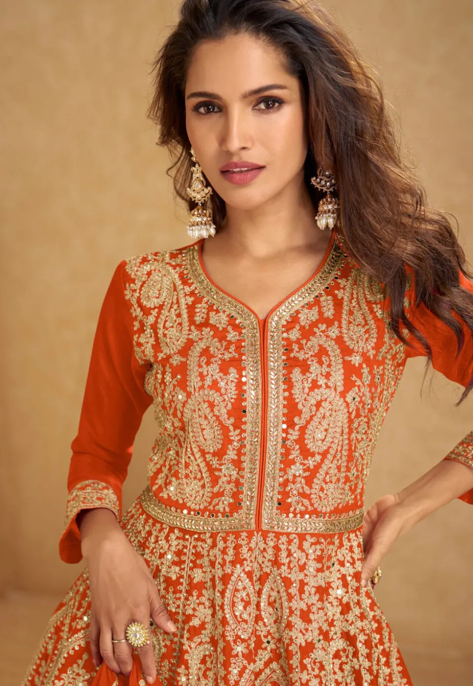 Embroidered Chinon Silk Lehenga in Orange