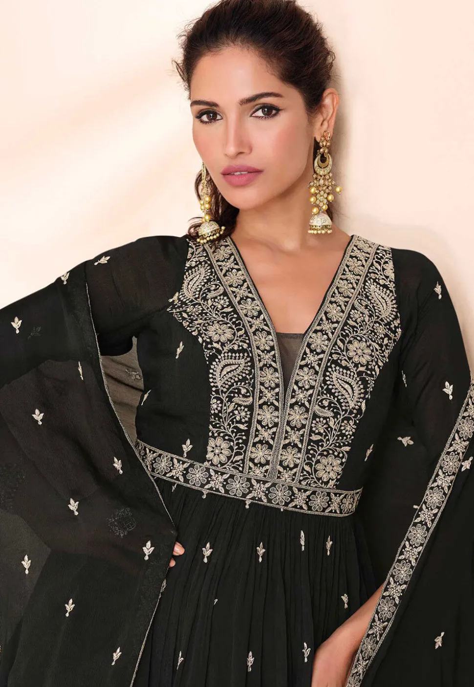 Embroidered Chinon Silk Lehenga in Black