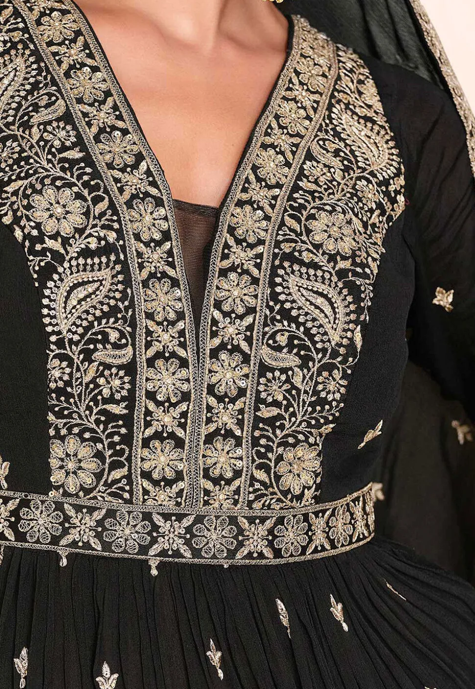 Embroidered Chinon Silk Lehenga in Black