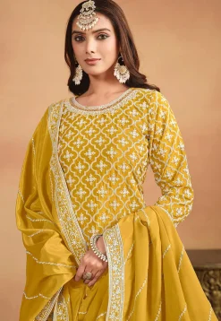 Embroidered Chinon Silk Lehenga in Yellow