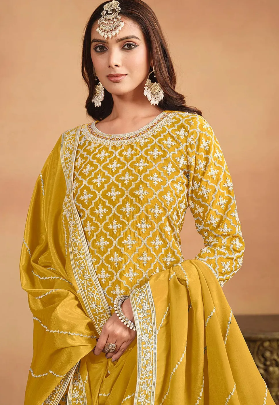 Embroidered Chinon Silk Lehenga in Yellow