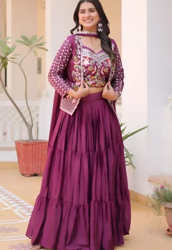 Embroidered Chinon Silk Lehenga in Wine