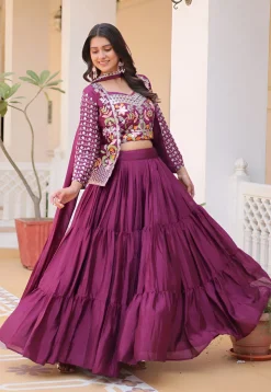 Embroidered Chinon Silk Lehenga in Wine