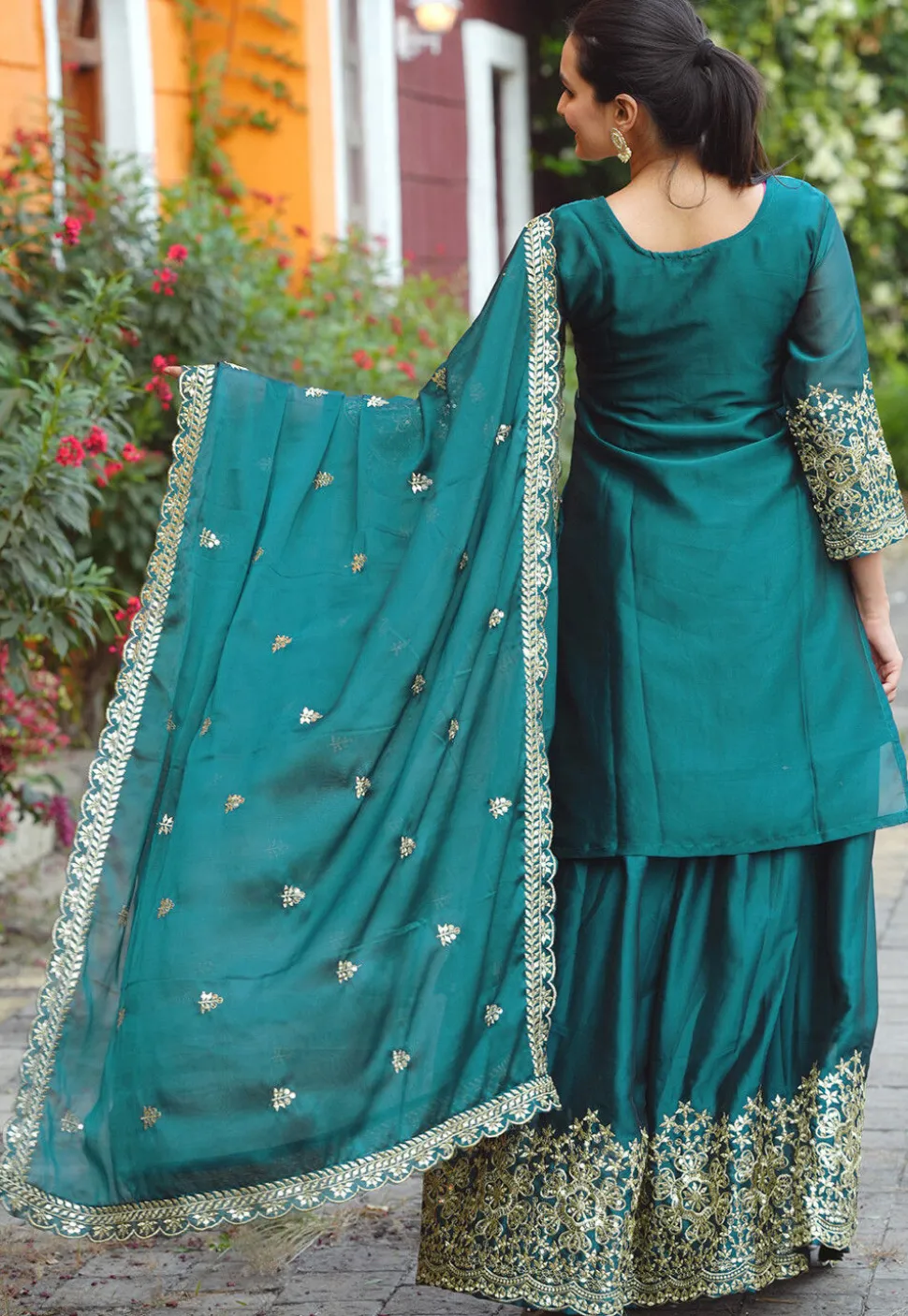 Embroidered Chinon Silk Lehenga in Teal Green