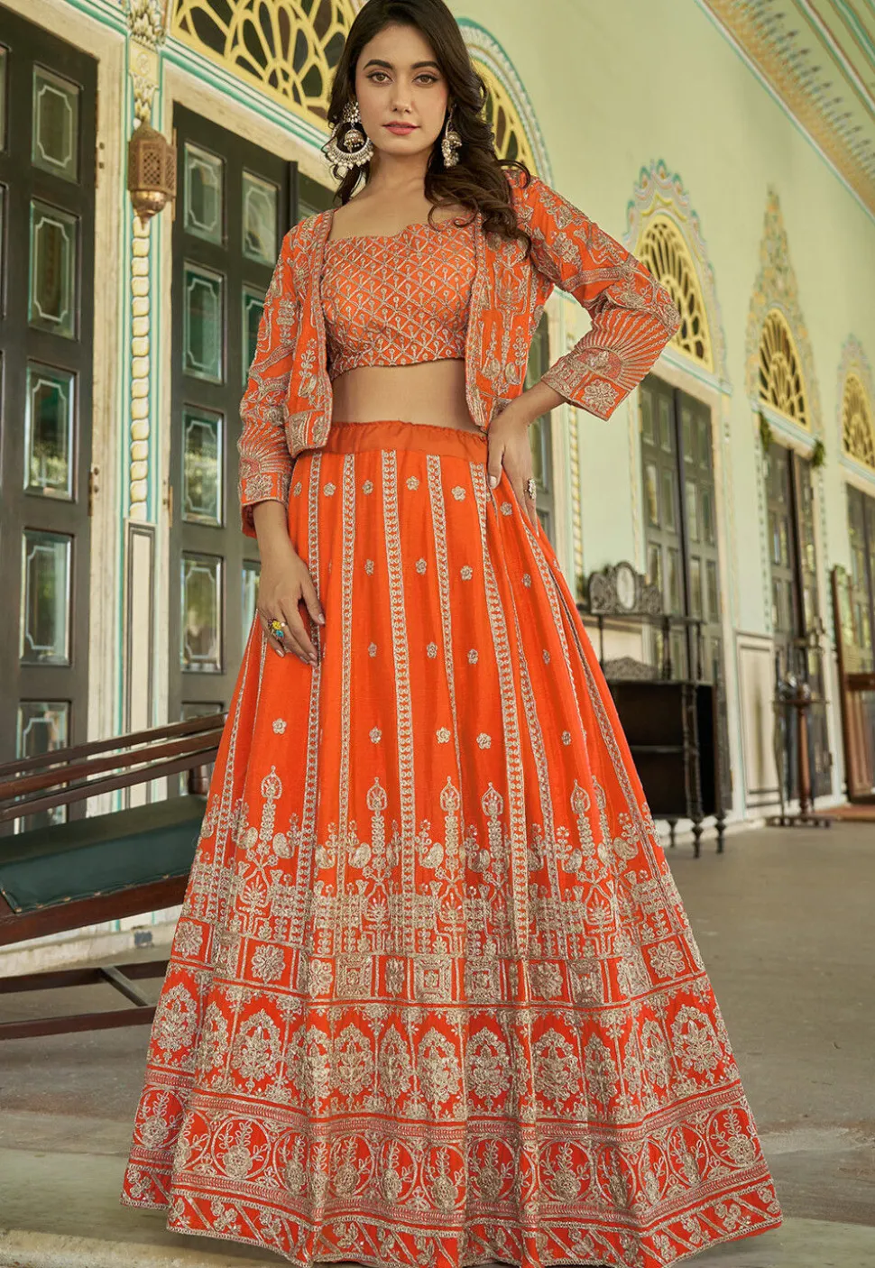 Embroidered Chinon Silk Lehenga in Orange