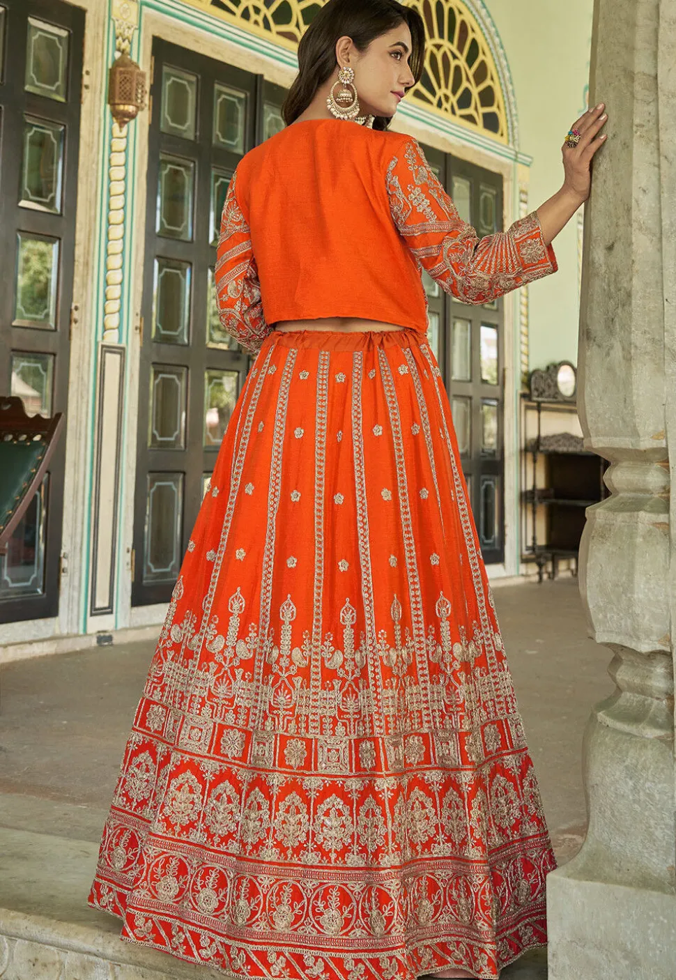 Embroidered Chinon Silk Lehenga in Orange