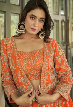 Embroidered Chinon Silk Lehenga in Orange