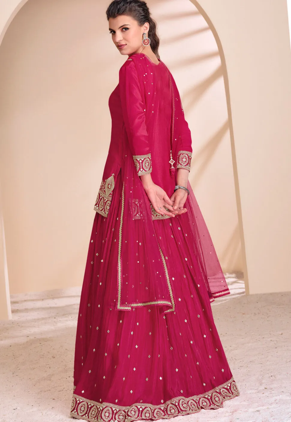 Embroidered Chinon Silk Lehenga in Pink