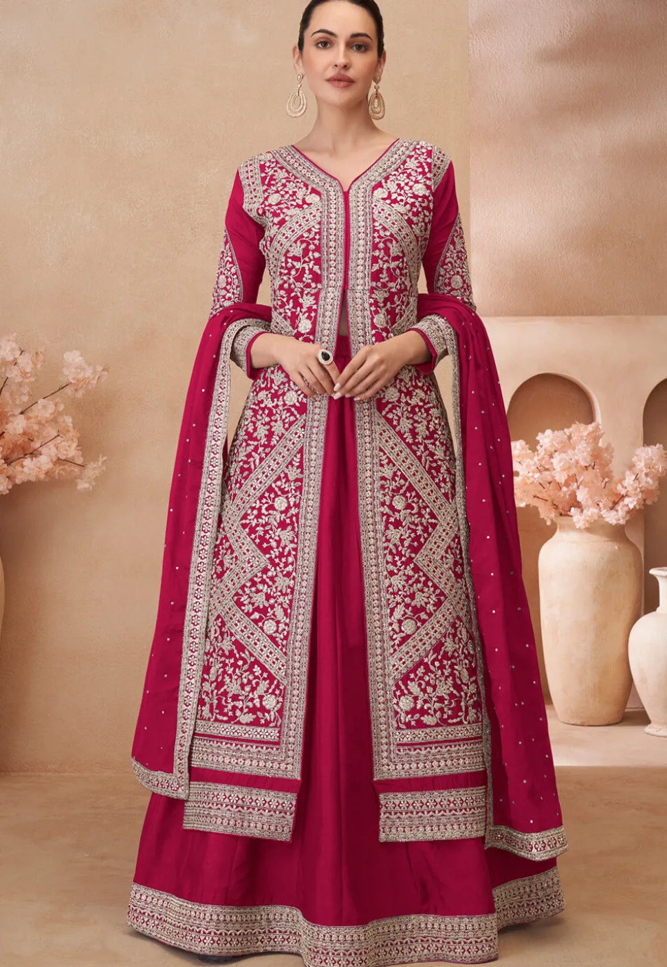 Embroidered Chinon Silk Lehenga in Fuchsia