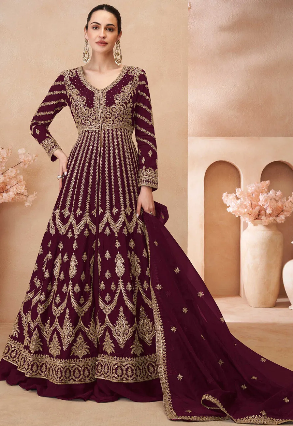 Embroidered Chinon Silk Lehenga in Maroon