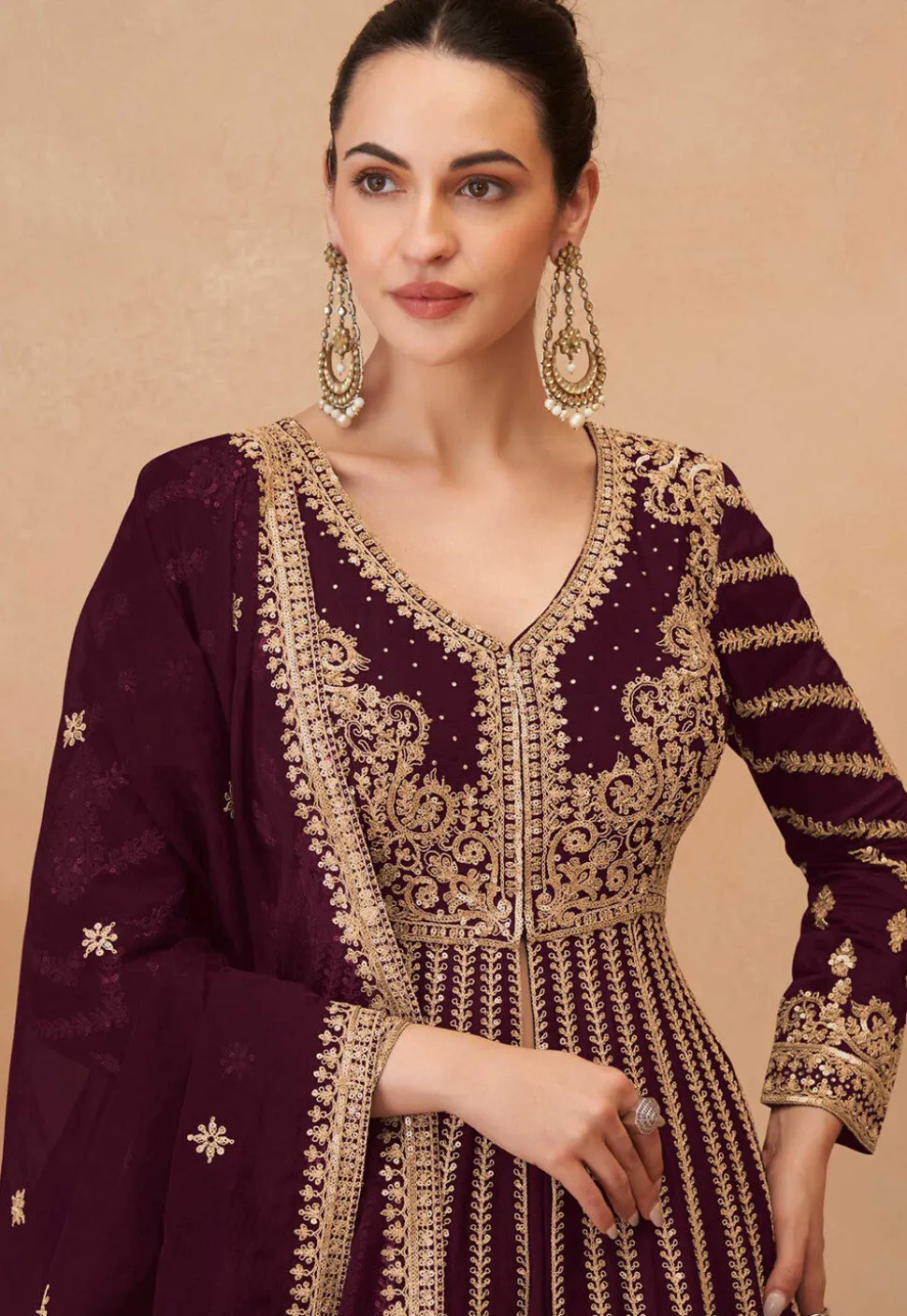 Embroidered Chinon Silk Lehenga in Maroon