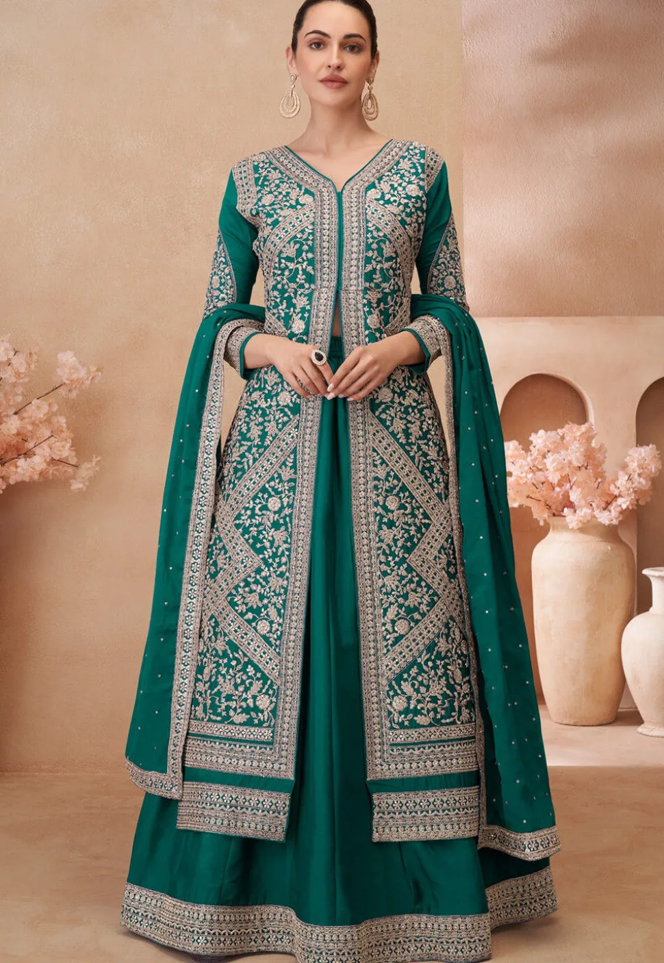 Embroidered Chinon Silk Lehenga in Green