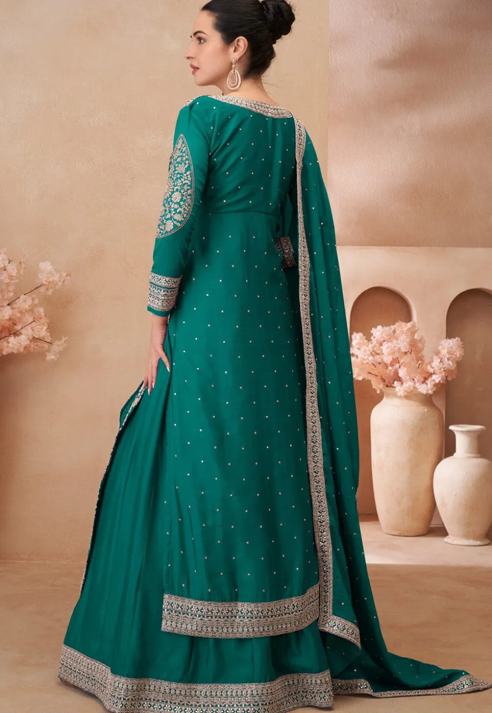 Embroidered Chinon Silk Lehenga in Green